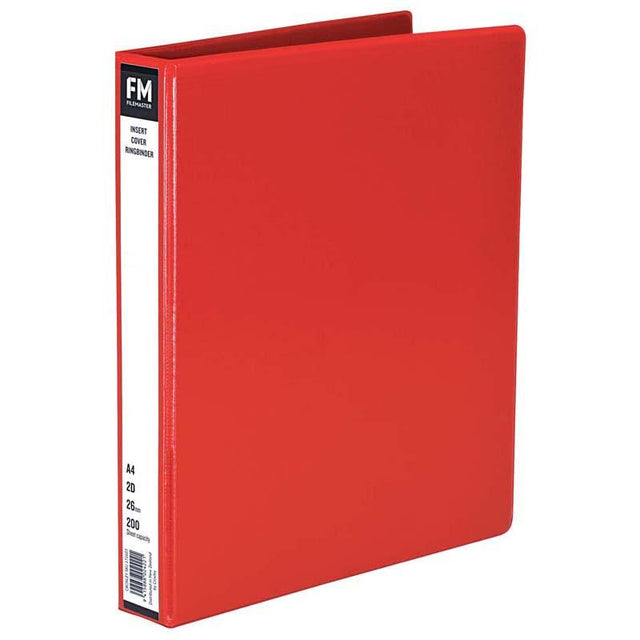 Red A4 binder with 26mm rings, holds 200 sheets, made of durable polypropylene for document organization.