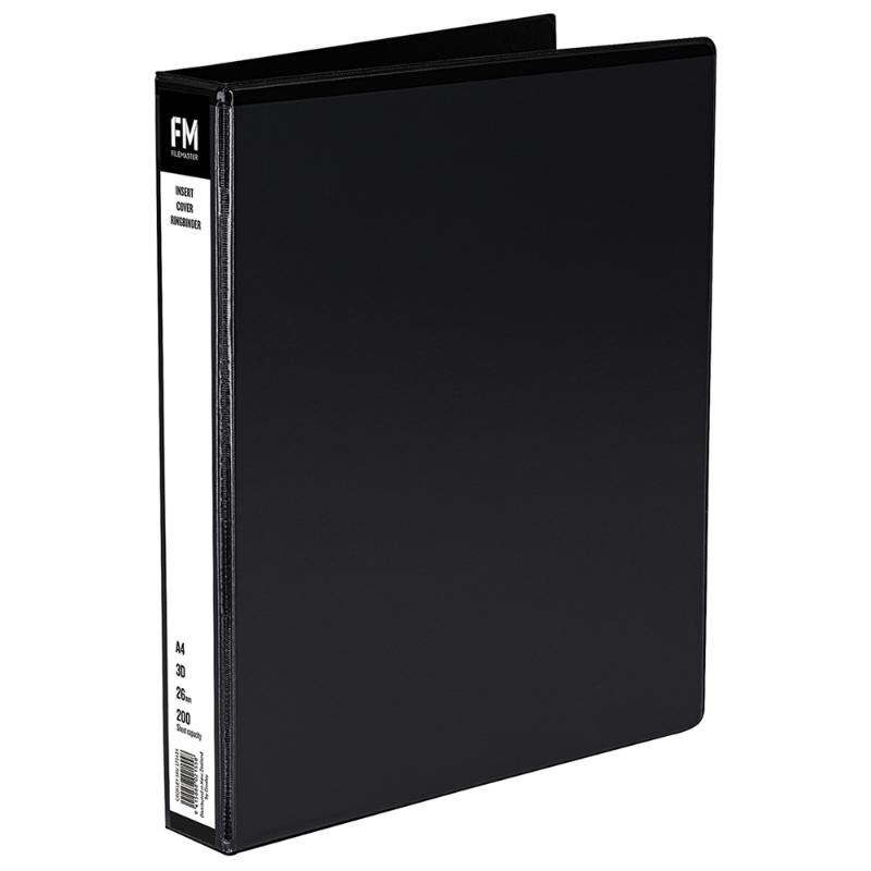 FM Binder Overlay A4 black cover with 26mm rings, designed for durable document organization and customization.