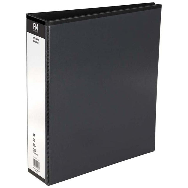 FM Binder Overlay A4 in black, designed for document organization with a 50mm ring and customizable cover insert.