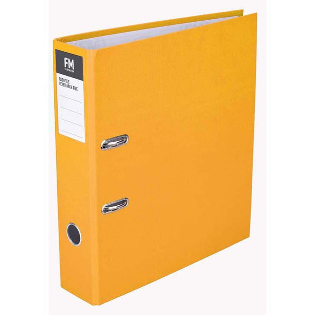 FM Binder Radofile Yellow A4 Lever Arch with durable polypropylene cover, holds 375 sheets, and easy access Rado fitting.