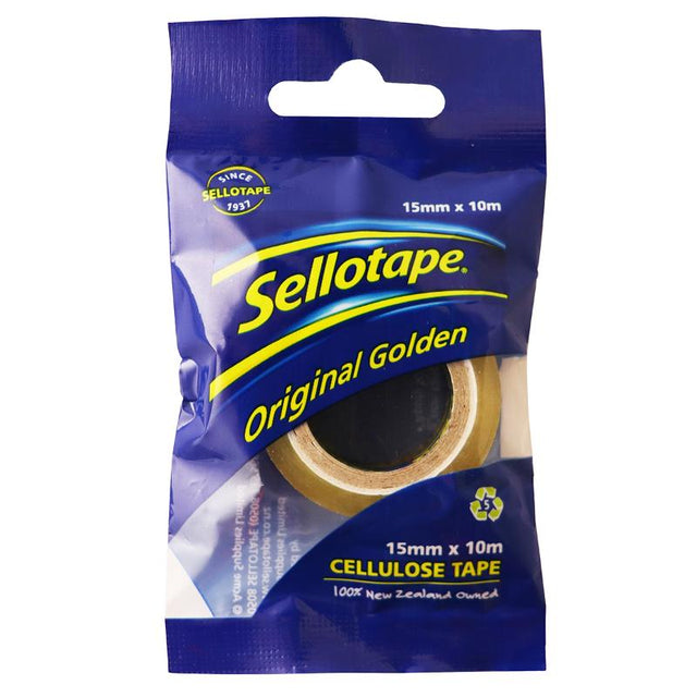 Sellotape 3250 Cellulose Tape 15mm x 10m, biodegradable, easy-tear, tangle-free, perfect for crafts and repairs.