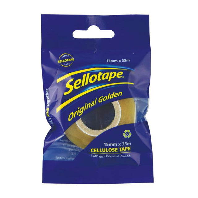 Sellotape 3270 Cellulose Tape in 15mm width, 33m length; eco-friendly, tangle-free, ideal for crafting and packaging.