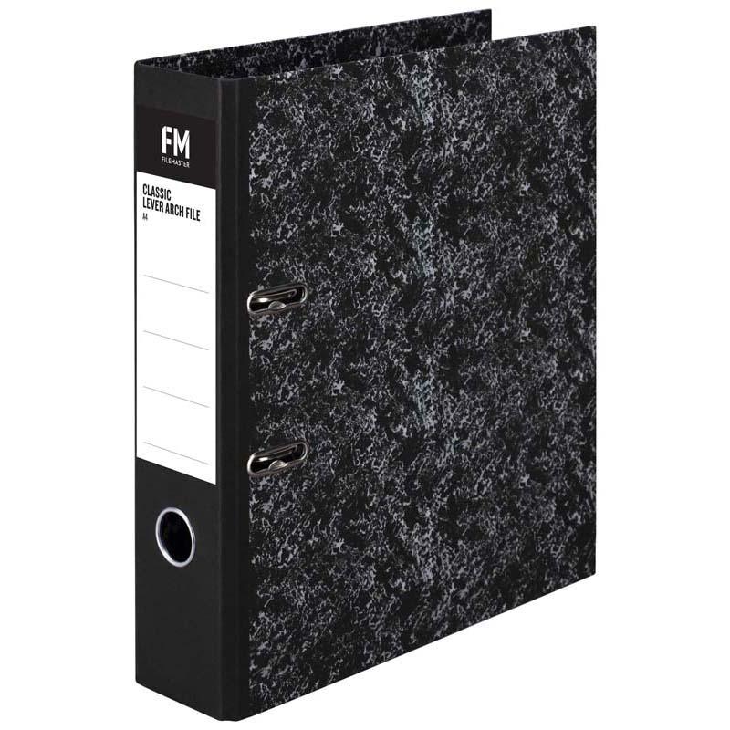 FM Binder Classic A4 Lever Arch in sleek mottled black, designed for efficient document storage and organization up to 375 sheets.