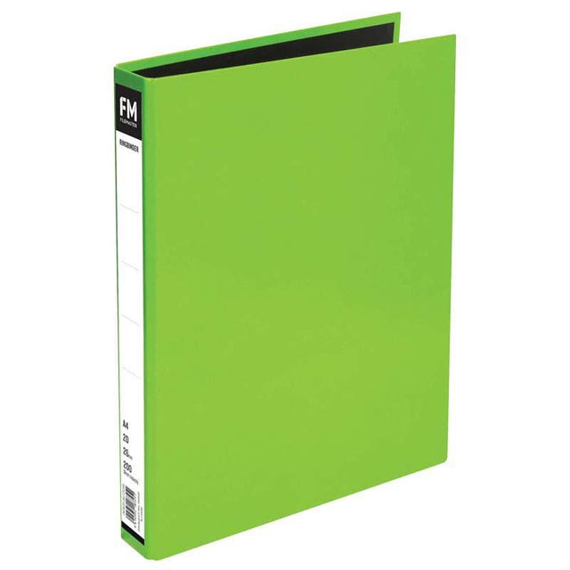 Vivid Lime Green A4 ringbinder, stylishly organizes up to 200 sheets with a glossy finish and black lining.