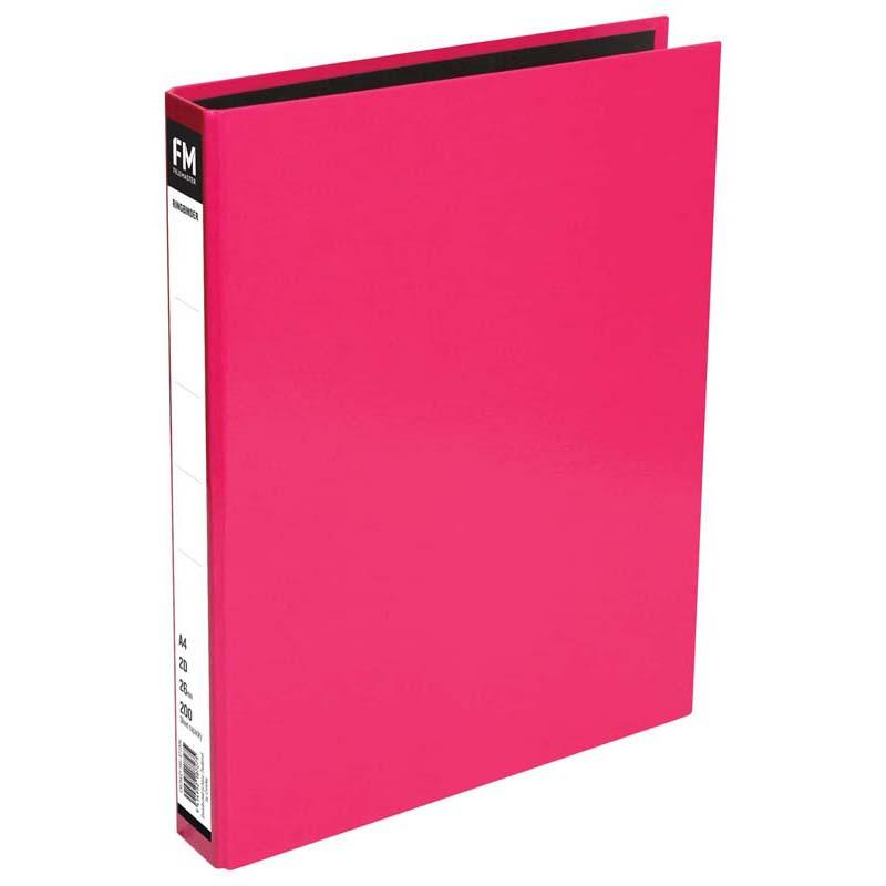 Vivid Shocking Pink A4 ring binder with glossy finish, durable design, holds 200 sheets, perfect for stylish organization.