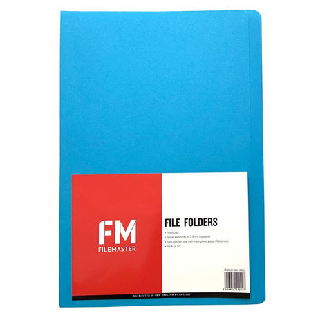 FM File Folder Blue 50 Pack features durable cardboard, short front panel, and vibrant color for stylish organization.