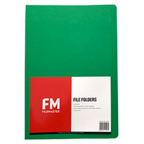 Green foolscap file folder pack of 50, durable cardboard, designed for efficient document organization and quick access.