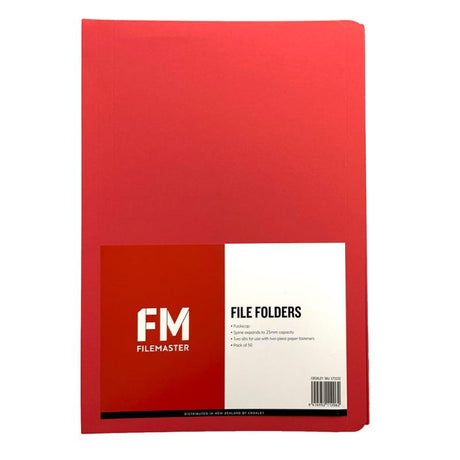 Vibrant red FM file folders in Foolscap size, 50-pack for organized document management at home or office.