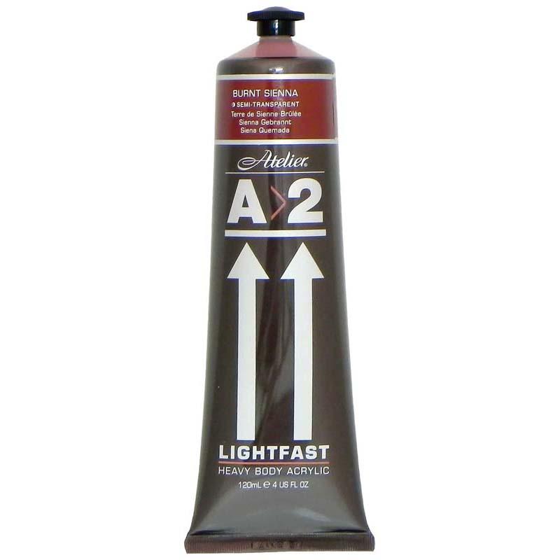 A2 Lightfast Heavybody Acrylic 120ml in Burnt Sienna, rich earthy tone ideal for vibrant, professional artworks.