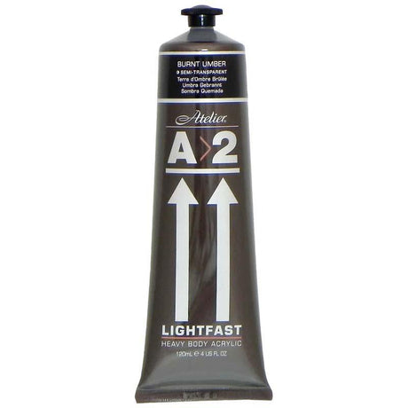 A2 Lightfast Heavybody Acrylic 120ml in Burnt Umber, perfect for rich color and texture in fine art and crafts.