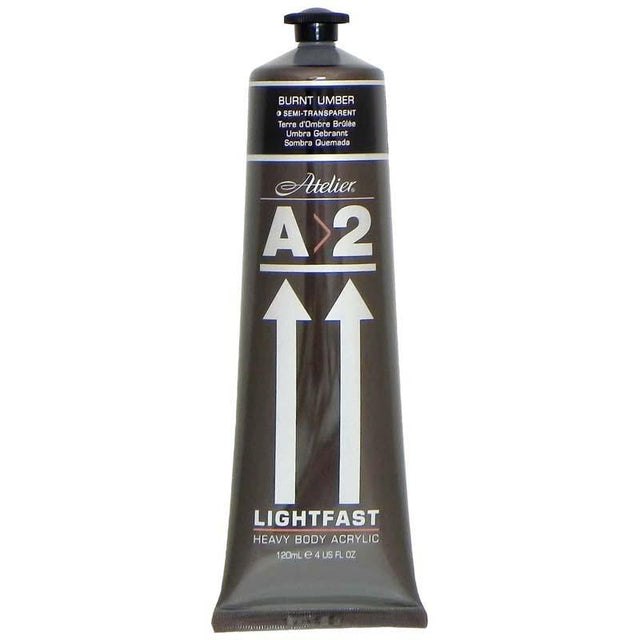A2 Lightfast Heavybody Acrylic 120ml in Burnt Umber, perfect for rich color and texture in fine art and crafts.