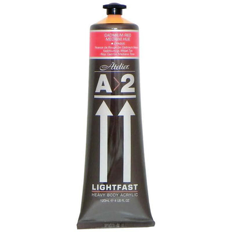 A2 Lightfast Heavybody Acrylic 120ml in vibrant Cadmium Red Medium, perfect for dynamic art with superior consistency and lightfastness.