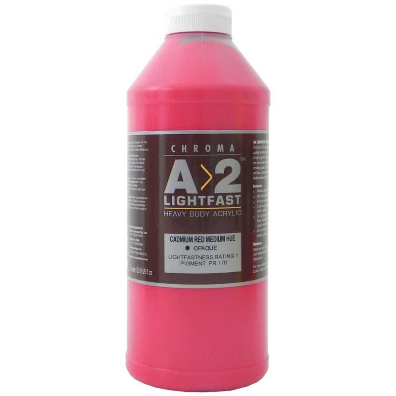 A2 Lightfast Heavybody Acrylic paint in Cadmium Medium Red, 1 litre, known for vibrant color, excellent blending, and lightfast properties.