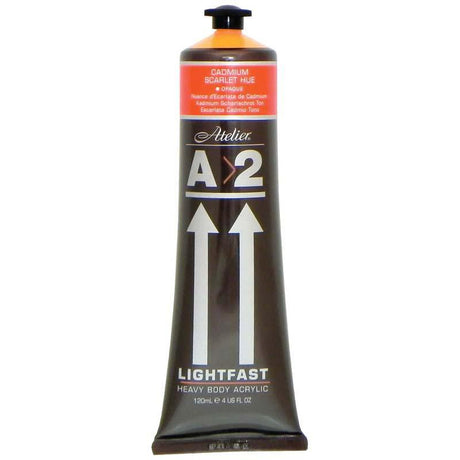 A2 Lightfast Heavybody Acrylic 120ml in Cadmium Scarlet, vibrant red paint with thick texture and excellent lightfastness.