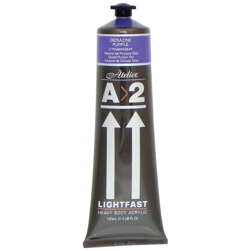 A2 Lightfast Heavybody Acrylic paint in Dioxazine Purple, vibrant color with excellent brush mark retention for artists.