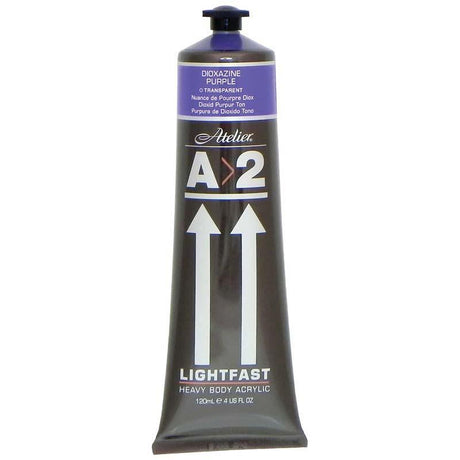 A2 Lightfast Heavybody Acrylic paint in Dioxazine Purple, vibrant color with excellent brush mark retention for artists.