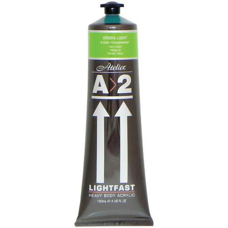 Vibrant Light Green 120ml tube of A2 Lightfast Heavybody Acrylic paint, ideal for textured artwork with lasting color quality.