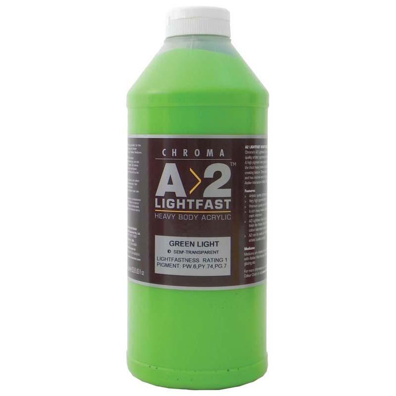 A2 Lightfast Heavybody Acrylic in Light Green, 1 Litre; vibrant, creamy paint ideal for blending and layering on various surfaces.