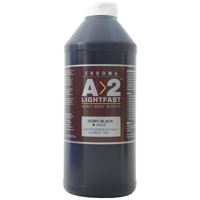 A2 Lightfast Heavybody Acrylic paint in Ivory Black, 1 Litre, perfect for detailed artwork with deep, vibrant tones.