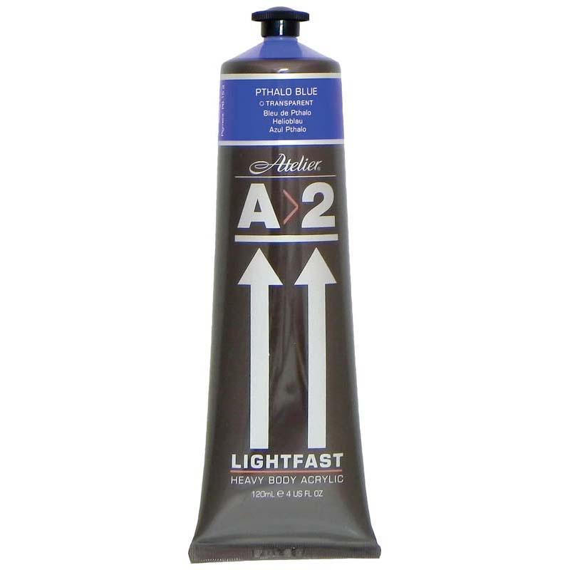 A2 Lightfast Heavybody Acrylic 120ml in Pthalo Blue, featuring vivid color and excellent brush retention for professional artists.