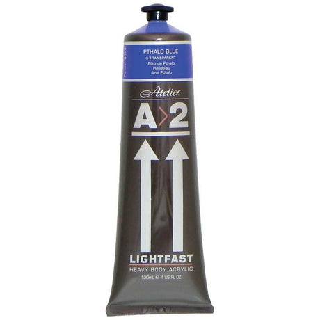 A2 Lightfast Heavybody Acrylic 120ml in Pthalo Blue, featuring vivid color and excellent brush retention for professional artists.