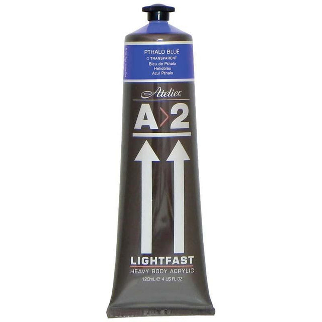 A2 Lightfast Heavybody Acrylic 120ml in Pthalo Blue, featuring vivid color and excellent brush retention for professional artists.