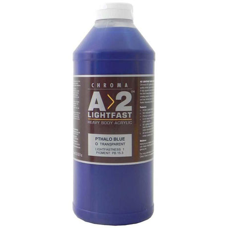 A2 Lightfast Heavybody Acrylic in Pthalo Blue, 1 litre, offers vibrant color, exceptional lightfastness, and heavybody texture for artists.