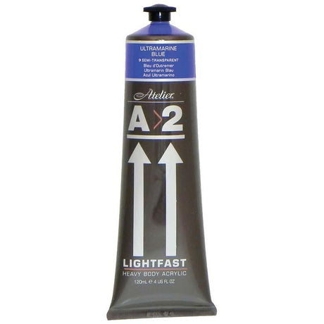 A2 Lightfast Heavybody Acrylic in Ultramarine Blue, 120ml, offers rich color, brush mark retention, and is lightfast for lasting art.