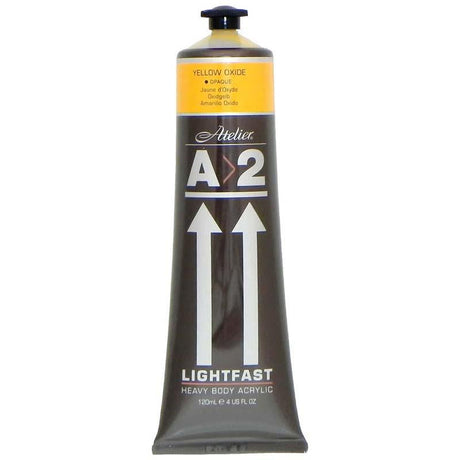 120ml tube of A2 Yellow Oxide heavybody acrylic paint, vibrant, lightfast, ideal for various surfaces and techniques.