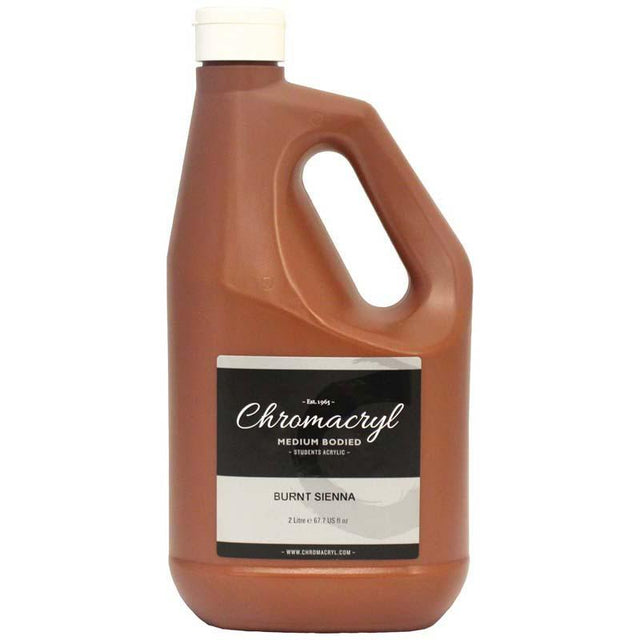 Chromacryl Acrylic Paint 2 Litre in Burnt Sienna, vibrant, non-toxic, ideal for students, quick-drying, versatile for many surfaces.