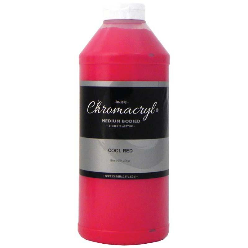 Vibrant Cool Red Chromacryl Acrylic Paint in a 1 Litre bottle, perfect for artists of all ages and various art projects.