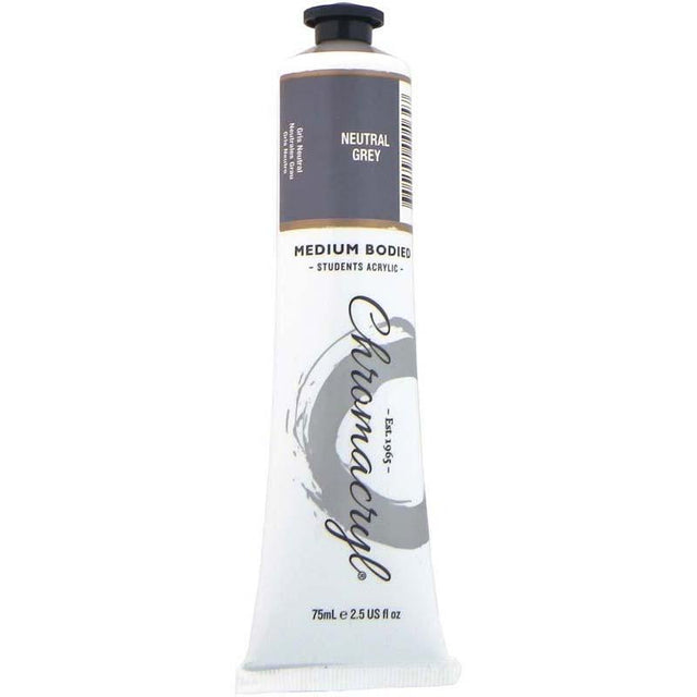 75ml tube of Chromacryl Neutral Grey acrylic paint, perfect for artists with quick drying and rich pigment for various projects.