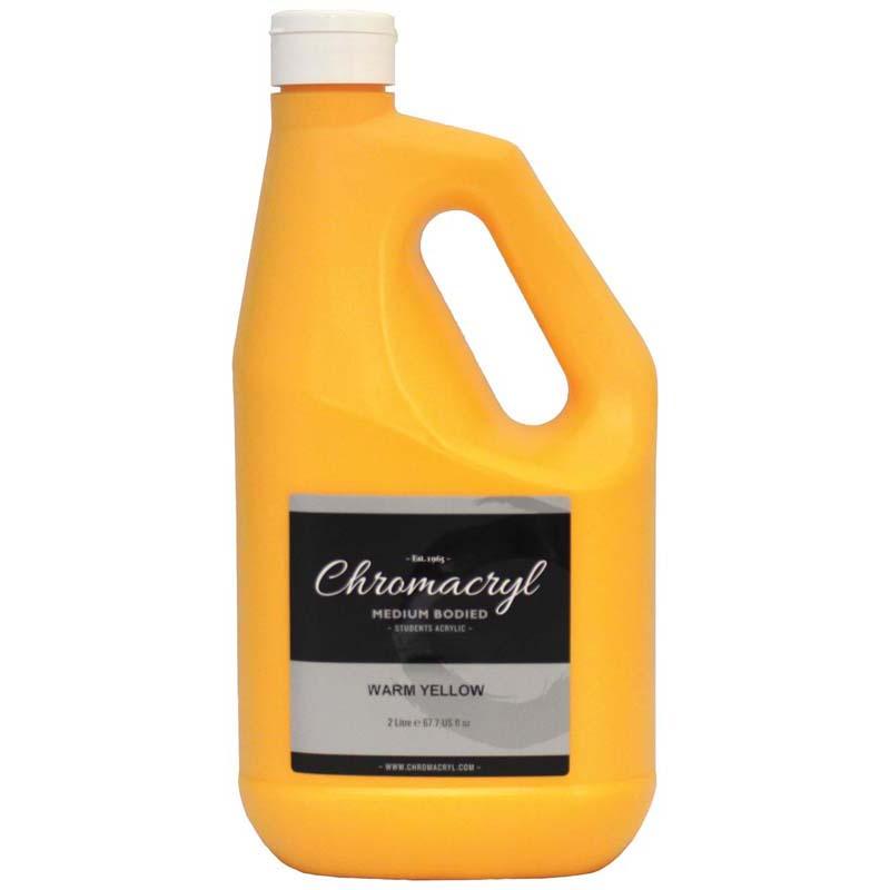 Vibrant warm yellow Chromacryl acrylic paint in a 2-litre bottle, ideal for students and artists for various projects.