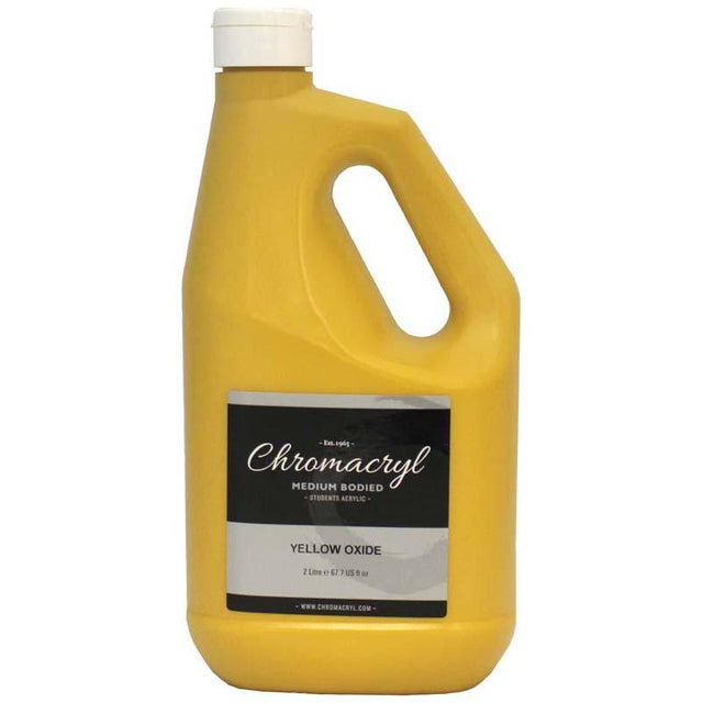 2 Litre bottle of Chromacryl Yellow Oxide Acrylic Paint, vibrant, non-toxic, ideal for student artists and various projects.