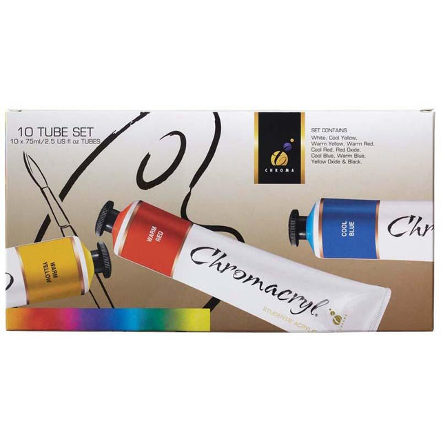 Chromacryl Acrylic Paint Set of 10 vibrant, non-toxic 75ml tubes ideal for artists, quick-drying, and versatile for various surfaces.