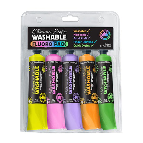 Set of 5 washable, non-toxic acrylic paints for kids, featuring vibrant colors in 75ml tubes for creative fun.