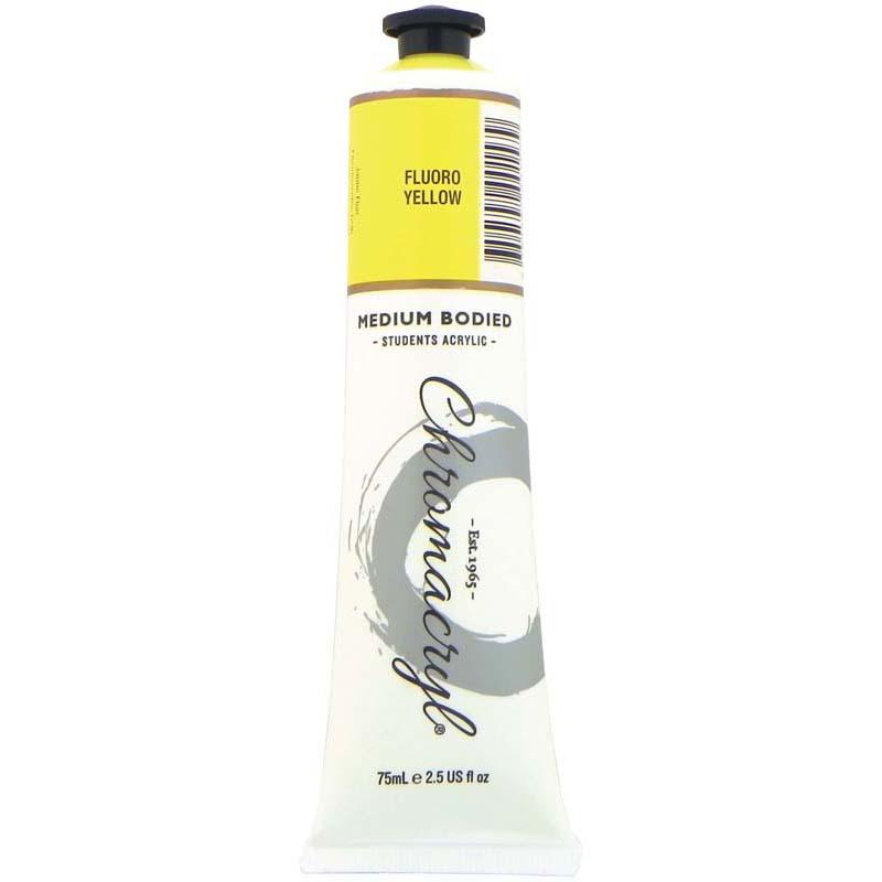 Vibrant Chromacryl Fluoro Yellow acrylic paint in a 75ml bottle, perfect for artists of all ages and various surfaces.