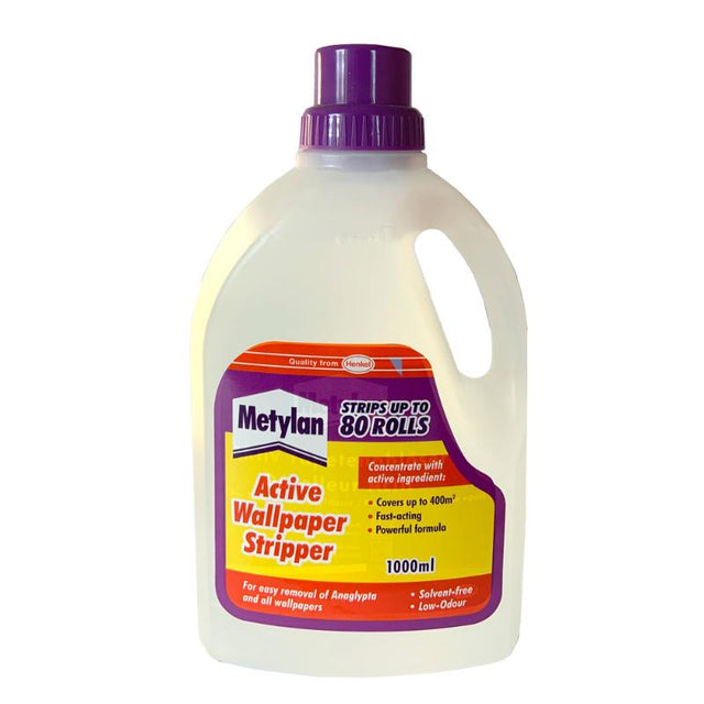 Metylan Wallpaper Remover 1L bottle designed for effortless and eco-friendly wallpaper removal.