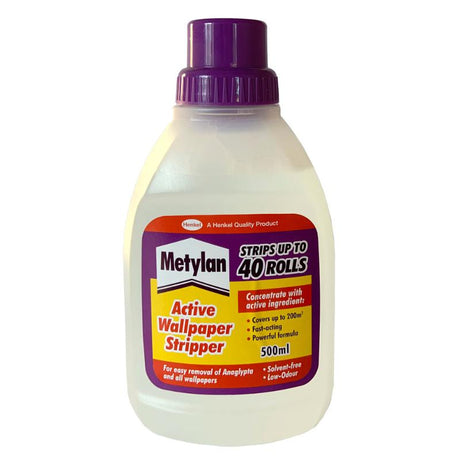 Metylan Wallpaper Remover 500ml: eco-friendly solution for easy wallpaper stripping, effective on tough adhesives, safe for home use.