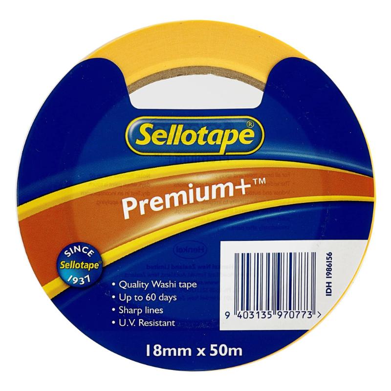 Sellotape Premium+ Washi Masking Tape in vibrant colors, 18mm x 50m, perfect for crafting, decorating, and organizing.