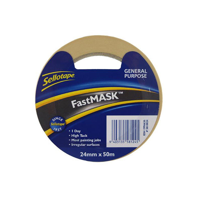 Sellotape 5810 FastMask 24mm x 50m, a strong adhesive masking tape for precise painting and crafting, easy to tear and versatile.