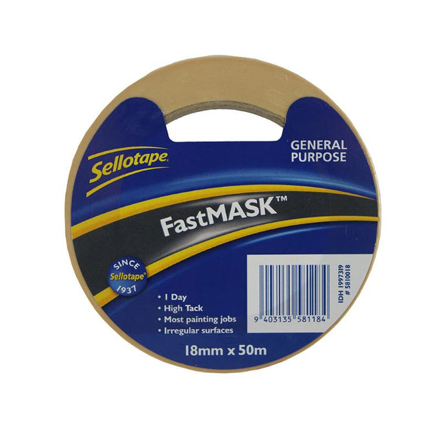 Sellotape 5810 FastMask 18mmx50m, premium masking tape for clean lines and strong adhesion in painting projects.