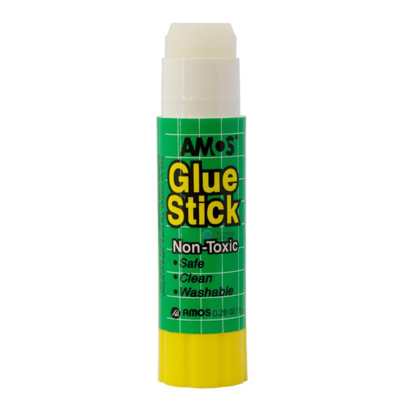 Amos Glue Stick 8gm Small, a compact, non-toxic adhesive ideal for arts and crafts, safe for kids, and easy to use.