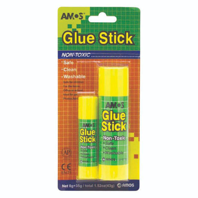 Amos Glue Stick multipack featuring 35gm and 8gm sticks for versatile crafting and adhesive projects.