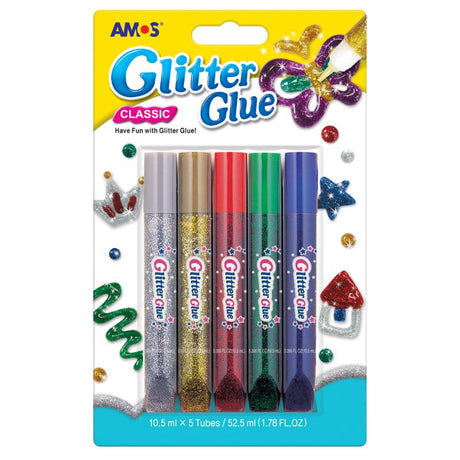 Amos Glitter Glue Classic Colours Pack 5 featuring silver, gold, red, green, and blue for vibrant arts and crafts projects.