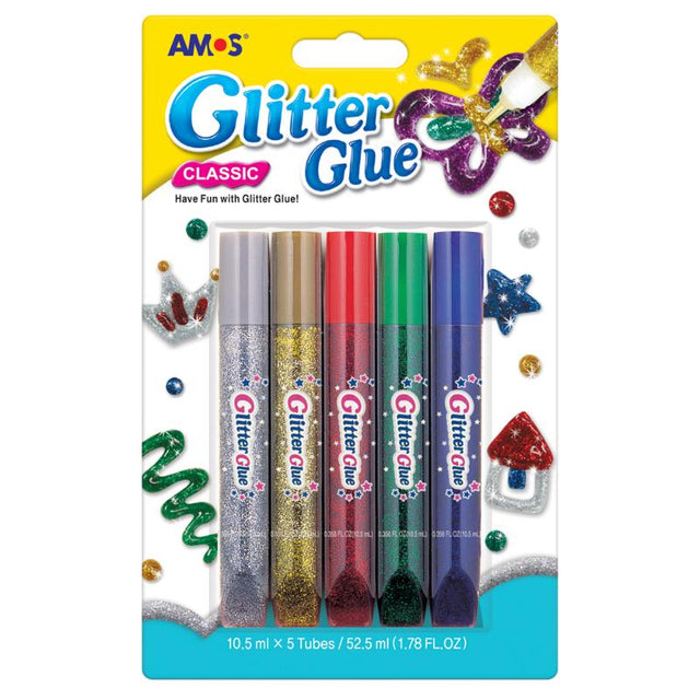 Amos Glitter Glue Classic Colours Pack 5 featuring silver, gold, red, green, and blue for vibrant arts and crafts projects.