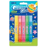 Amos Glitter Glue Neon Colours Pack 5 includes vibrant yellow, orange, pink, green, and blue glitter glue for creative projects.