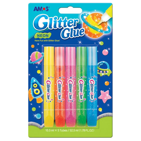 Amos Glitter Glue Neon Colours Pack 5 includes vibrant yellow, orange, pink, green, and blue glitter glue for creative projects.