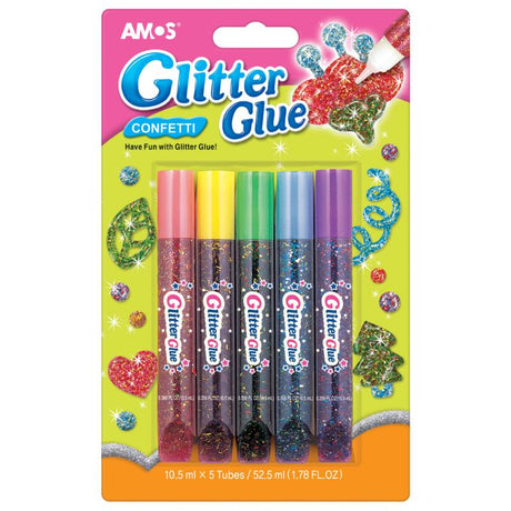 Amos Glitter Glue Confetti Colours Pack 5 featuring vibrant shades for creative arts and crafts, perfect for kids and projects.