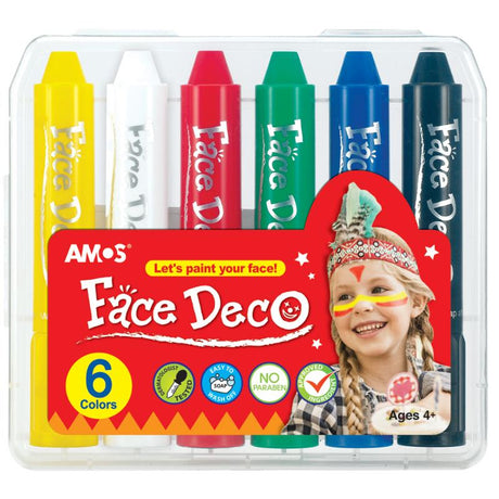 Amos Face Deco Facepaint Set with 6 vibrant colors for fun and safe face and body painting for all ages.